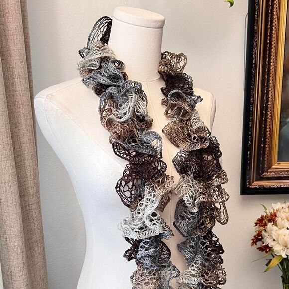 Handmade Ruffle Knit Scarf – Neutral Ombre - Picture 3 of 4